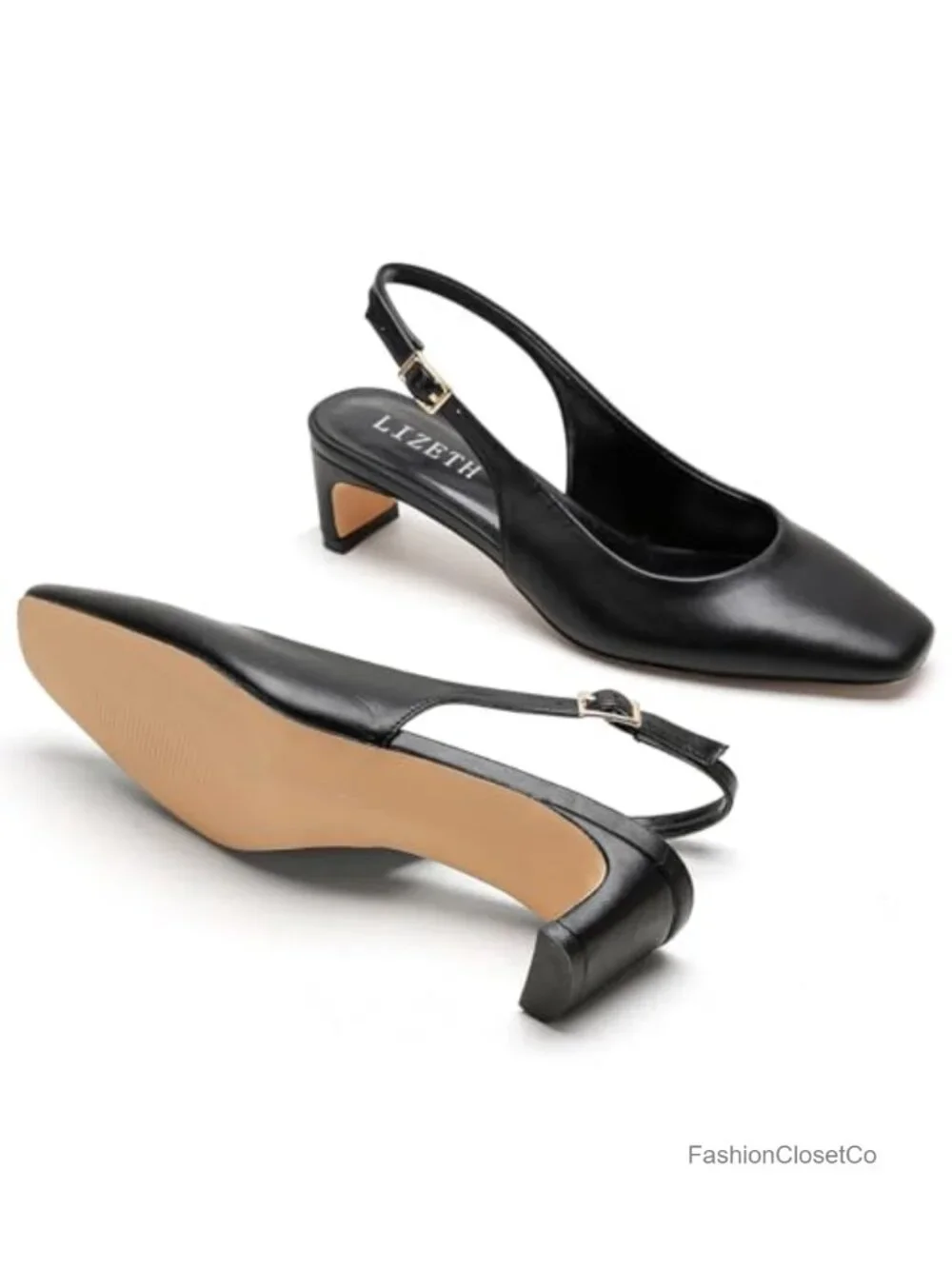 Women's Low Heel Pumps Square Toe Block Heel Slingback Dress Shoes Faux Leather